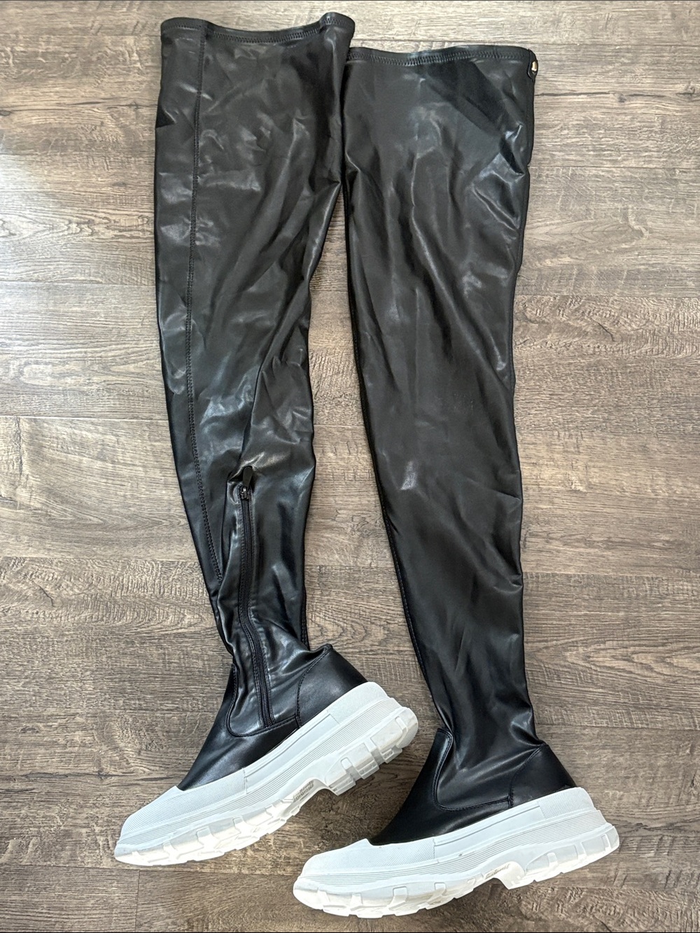 Alexander Wang Black Over-the-Knee Faux Leather Boots with White Chunky Sole 11